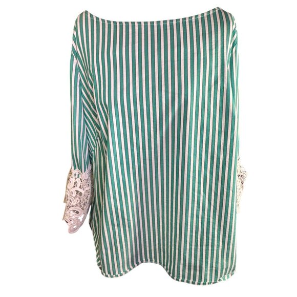 Liz Claiborne Green & White Striped Blouse W/ Lace Cuff Detail M Cotton Blend - Picture 2 of 9